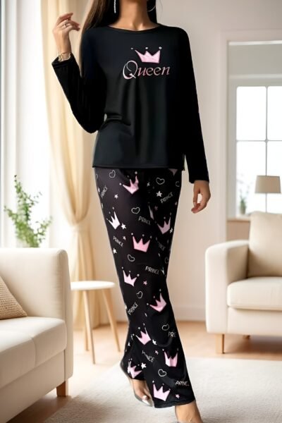 amen-Pyjama-Set mit stilvollem Königskronen-Druck – Langarm & Langhose | Elegante Loungewear für gemütliche Nächte