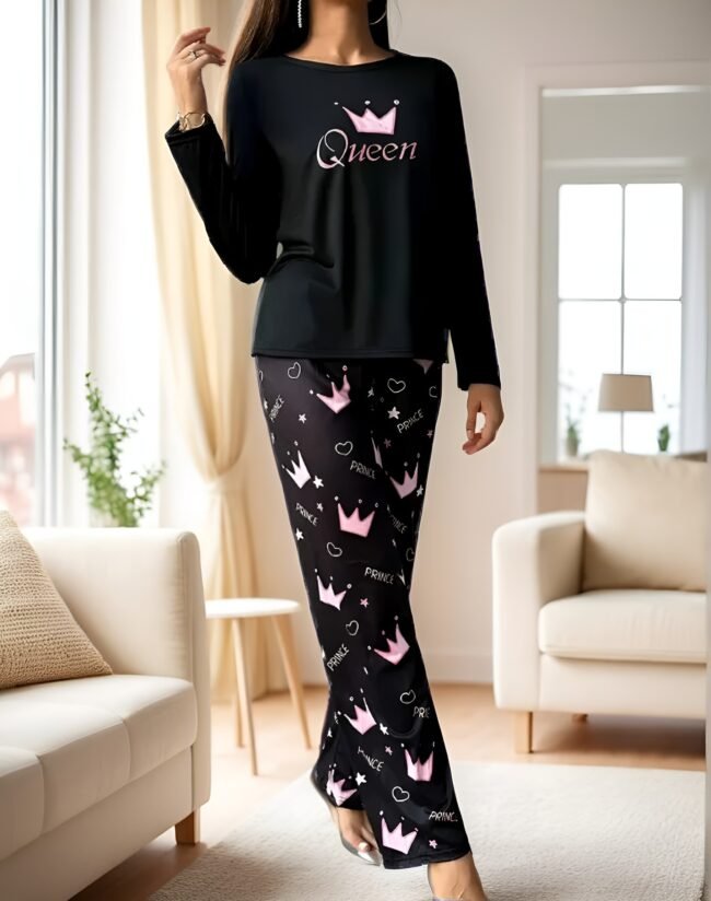 amen-Pyjama-Set mit stilvollem Königskronen-Druck – Langarm & Langhose | Elegante Loungewear für gemütliche Nächte