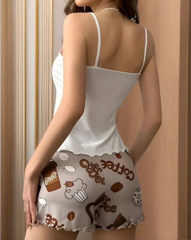 Damen-Cami-Pyjama-Set mit Kaffee-Print – Süßes Cartoon-Design mit Gürtel & Schleife | Lockere Passform & bequemer Stretch Bund – Bild 3