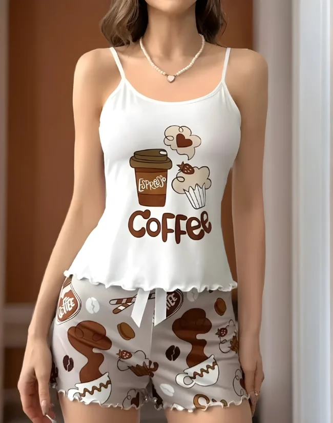 Damen-Cami-Pyjama-Set mit Kaffee-Print – Süßes Cartoon-Design mit Gürtel & Schleife | Lockere Passform & bequemer Stretch Bund – Bild 2