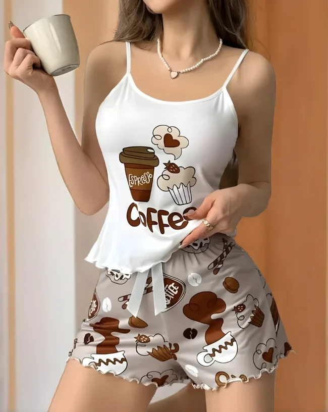 Damen-Cami-Pyjama-Set mit Kaffee-Print – Süßes Cartoon-Design mit Gürtel & Schleife | Lockere Passform & bequemer Stretch Bund – Bild 4
