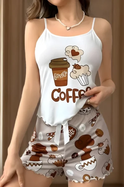 Damen-Cami-Pyjama-Set mit Kaffee-Print – Süßes Cartoon-Design mit Gürtel & Schleife | Lockere Passform & bequemer Stretch Bund
