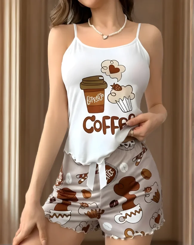 Damen-Cami-Pyjama-Set mit Kaffee-Print – Süßes Cartoon-Design mit Gürtel & Schleife | Lockere Passform & bequemer Stretch Bund