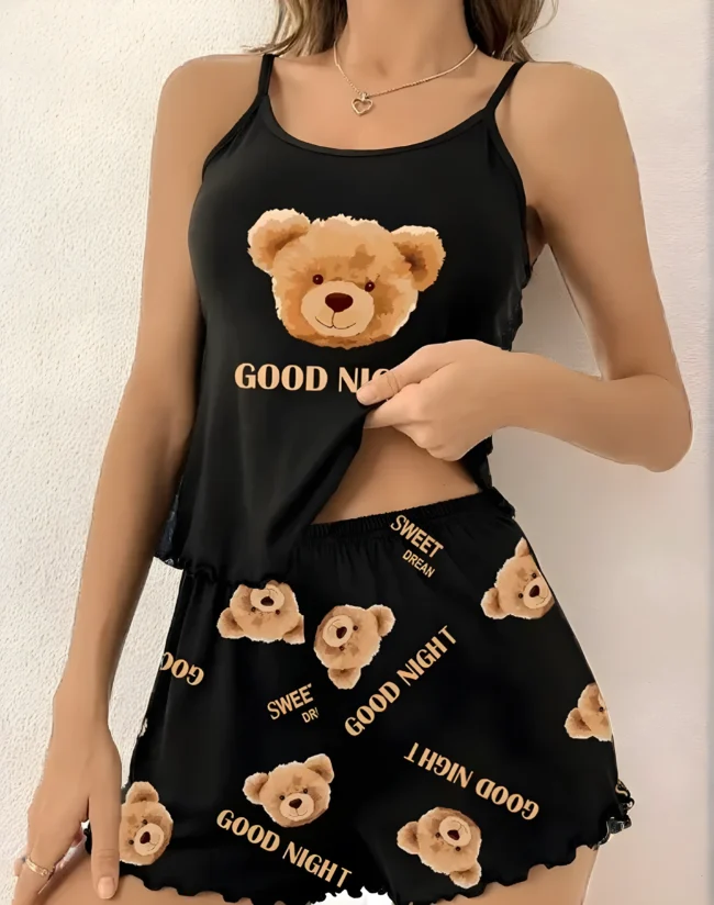 Damen-Pyjama-Set mit süßem Teddybär-Print & „Gute Nacht“-Schriftzug – Lässige Nachtwäsche aus weichem Polyesterstrick – Bild 3