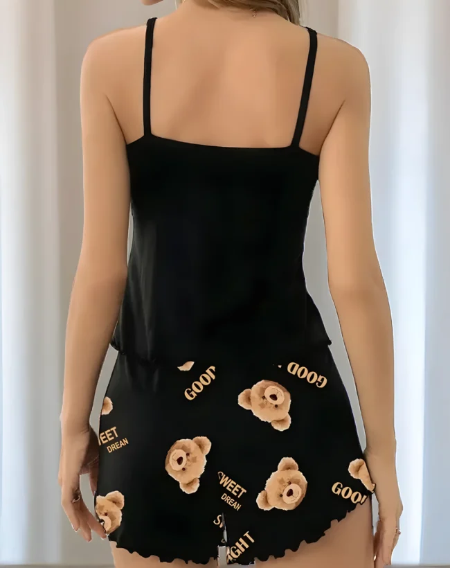 Damen-Pyjama-Set mit süßem Teddybär-Print & „Gute Nacht“-Schriftzug – Lässige Nachtwäsche aus weichem Polyesterstrick – Bild 4
