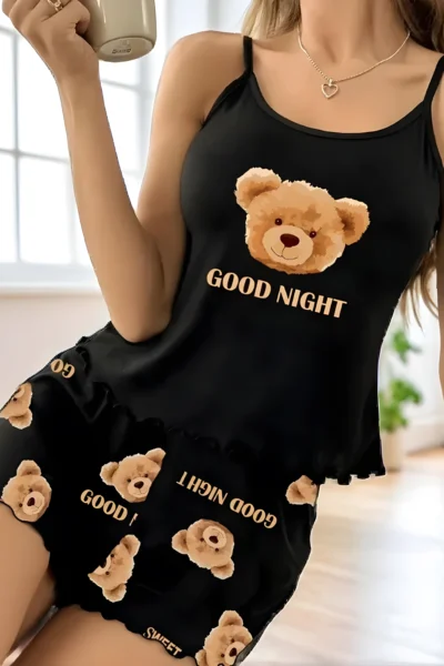 Damen-Pyjama-Set mit süßem Teddybär-Print & „Gute Nacht“-Schriftzug – Lässige Nachtwäsche aus weichem Polyesterstrick