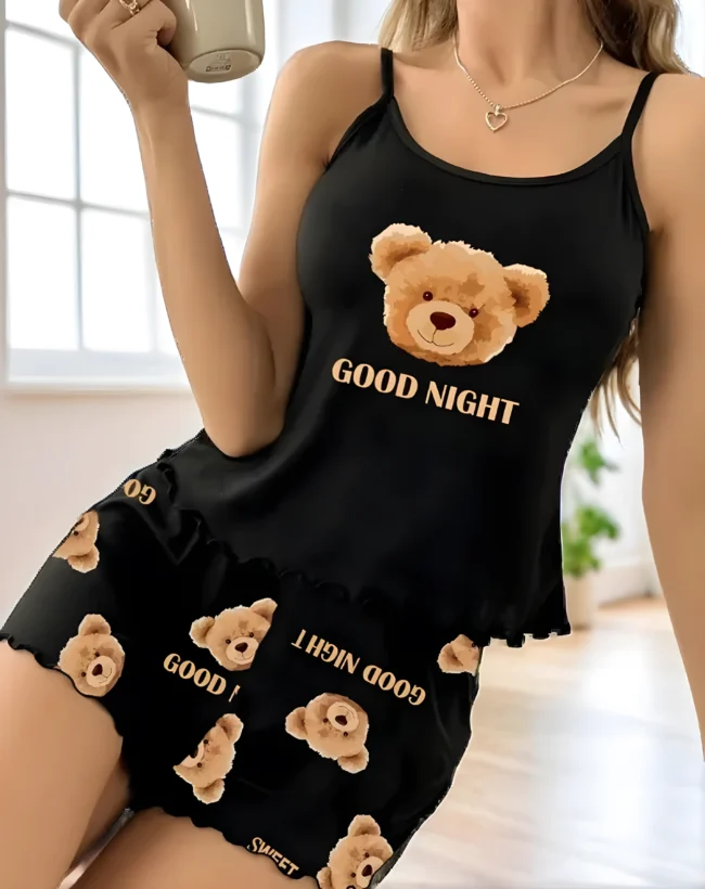 Damen-Pyjama-Set mit süßem Teddybär-Print & „Gute Nacht“-Schriftzug – Lässige Nachtwäsche aus weichem Polyesterstrick