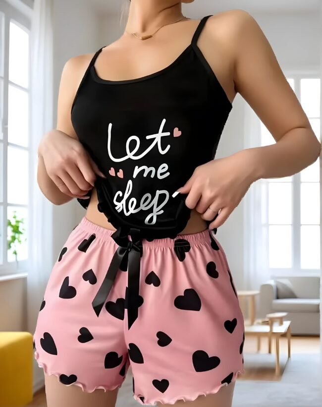 Damen Spaghetti-Träger-Pyjama-Set mit Buchstaben-Print – Flammresistenter Strickstoff – Bild 5