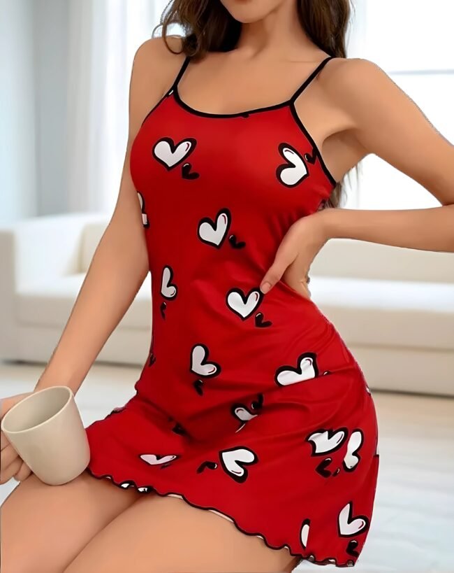 Valentinstag Herzdruck Nachtshirt – Lässiges Volantkleid mit Rückenausschnitt für Damen – Bild 2