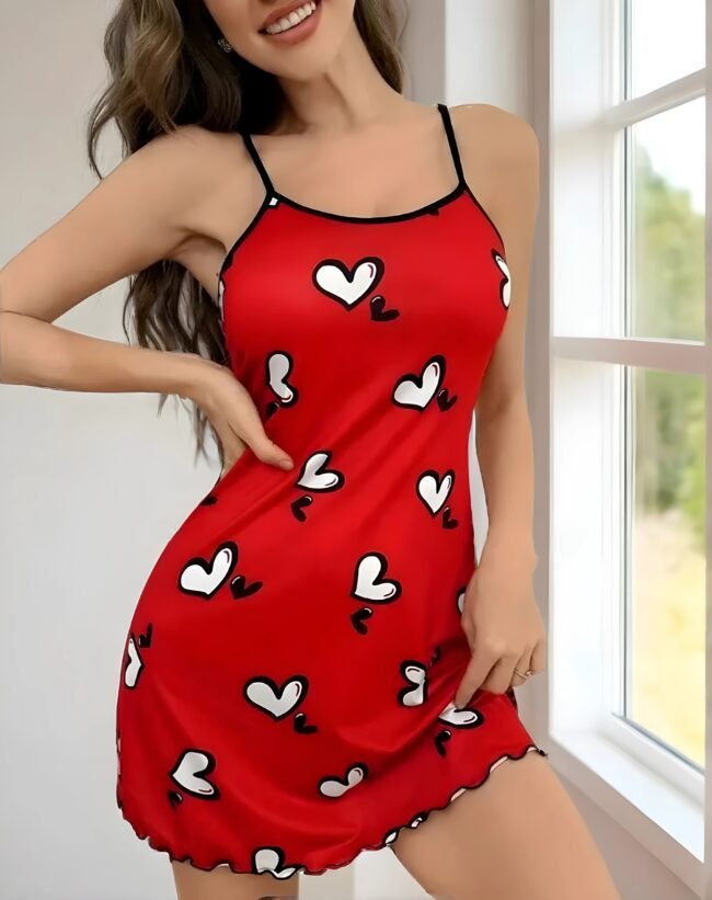 Valentinstag Herzdruck Nachtshirt – Lässiges Volantkleid mit Rückenausschnitt für Damen – Bild 3