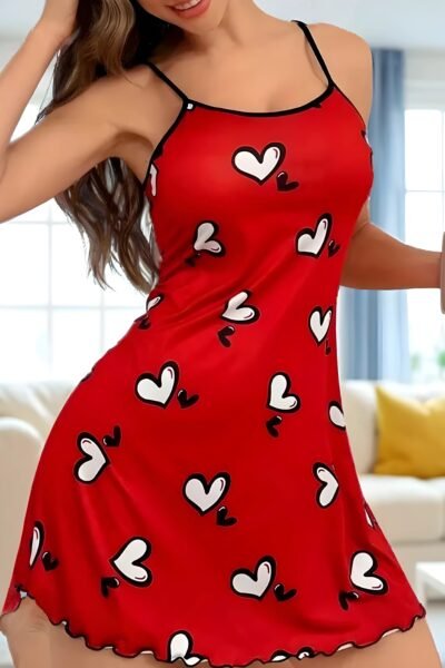 Valentinstag Herzdruck Nachtshirt – Lässiges Volantkleid mit Rückenausschnitt für Damen