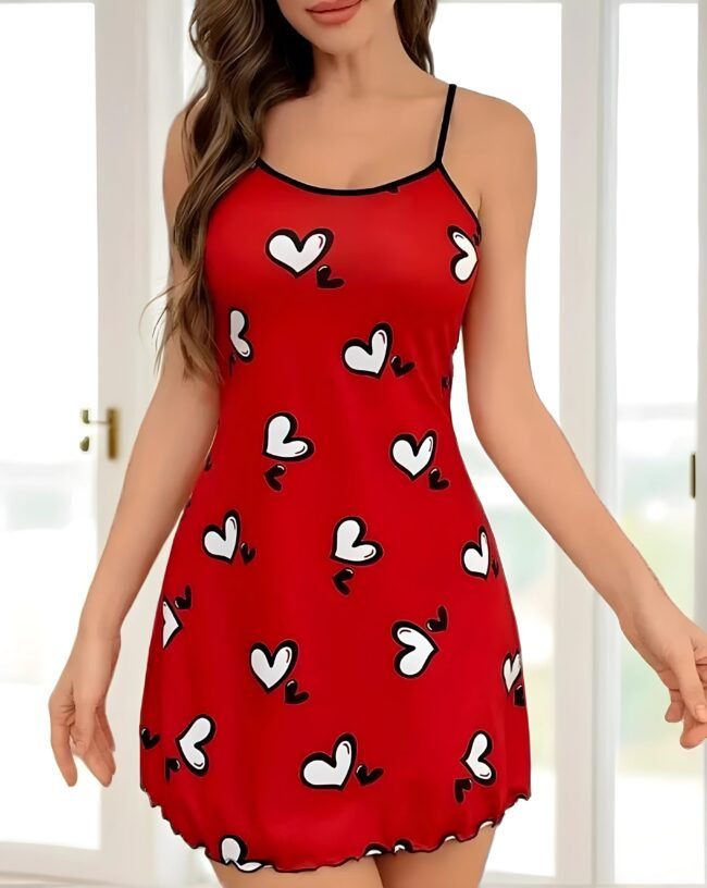 Valentinstag Herzdruck Nachtshirt – Lässiges Volantkleid mit Rückenausschnitt für Damen – Bild 5