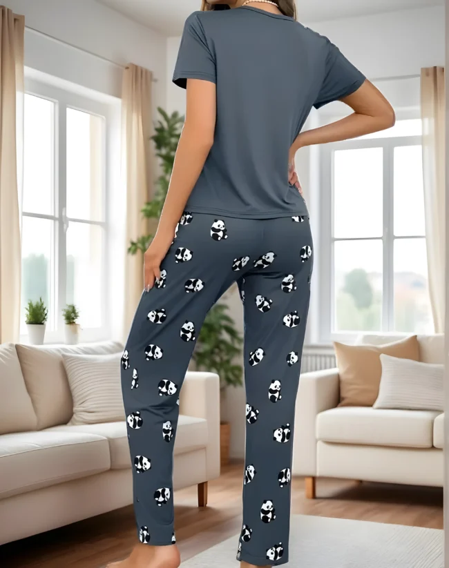 Damen Süßes Dunkelgraues/Dunkelrot Bären-Pyjama-Set – 2-teilig, Weich & Bequem. Nachtwäsche & Loungewear – Bild 2