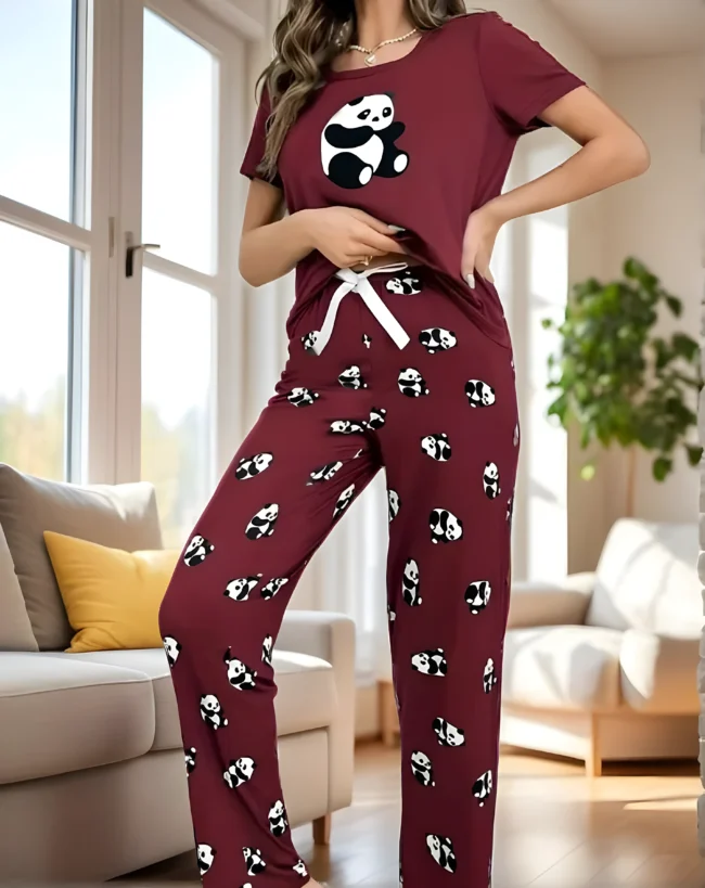 Damen Süßes Dunkelgraues/Dunkelrot Bären-Pyjama-Set – 2-teilig, Weich & Bequem. Nachtwäsche & Loungewear – Bild 6