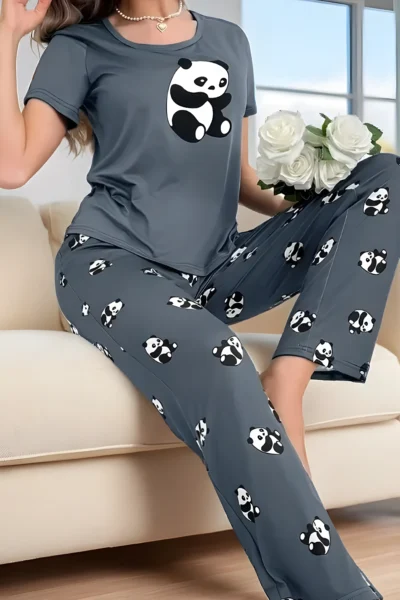 Damen Süßes Dunkelgraues/Dunkelrot Bären-Pyjama-Set – 2-teilig, Weich & Bequem. Nachtwäsche & Loungewear