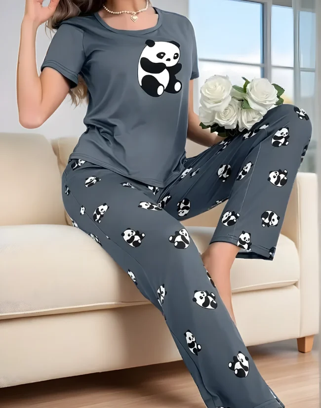 Damen Süßes Dunkelgraues/Dunkelrot Bären-Pyjama-Set – 2-teilig, Weich & Bequem. Nachtwäsche & Loungewear