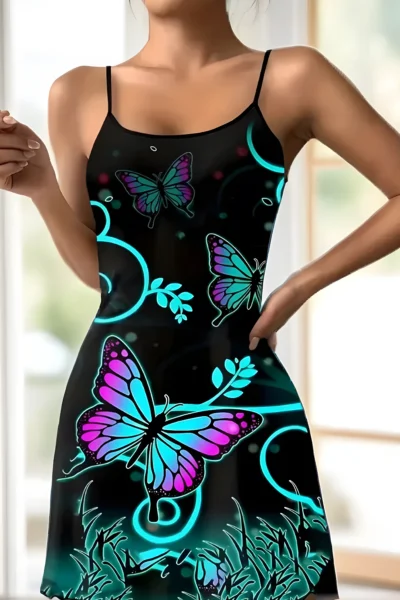 Damen Slip-Kleid mit Schmetterlingsaufdruck & Rüschenbesatz – Rückenfrei, Rundhalsausschnitt. Verspieltes Sommerkleid für Alltag & besondere Anlässe