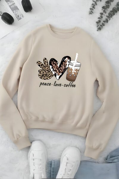 Damen Sweatshirt – Peace Love Coffee Grafik | Leoparden- & Karomuster | Herbst & Winter Casual Pullover