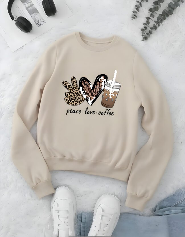 Damen Sweatshirt – Peace Love Coffee Grafik | Leoparden- & Karomuster | Herbst & Winter Casual Pullover