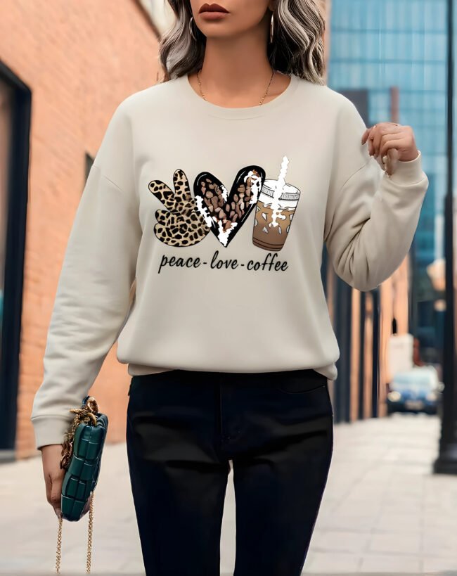 Damen Sweatshirt – Peace Love Coffee Grafik | Leoparden- & Karomuster | Herbst & Winter Casual Pullover – Bild 5