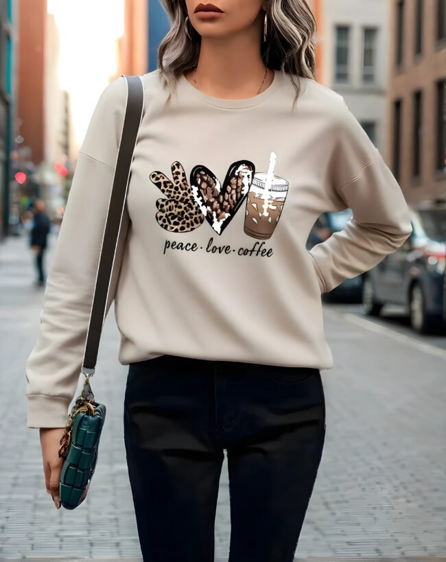 Damen Sweatshirt – Peace Love Coffee Grafik | Leoparden- & Karomuster | Herbst & Winter Casual Pullover – Bild 4