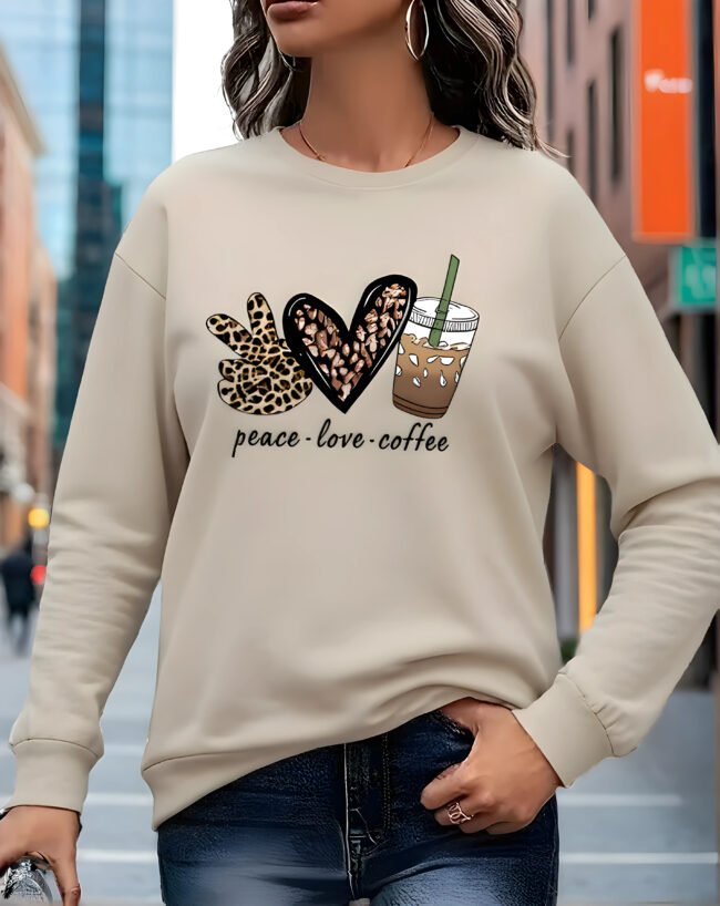 Damen Sweatshirt – Peace Love Coffee Grafik | Leoparden- & Karomuster | Herbst & Winter Casual Pullover – Bild 3