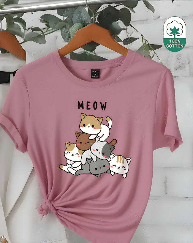 Verspieltes Damen T-Shirt mit Katzen-Stack & "MEOW"-Print – Süß, Bequem & Ideal für den Frühling & Sommer – Bild 4