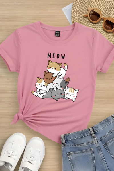 Verspieltes Damen T-Shirt mit Katzen-Stack & "MEOW"-Print – Süß, Bequem & Ideal für den Frühling & Sommer