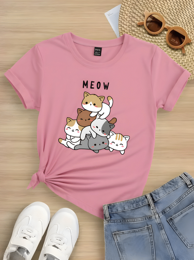 Verspieltes Damen T-Shirt mit Katzen-Stack & "MEOW"-Print – Süß, Bequem & Ideal für den Frühling & Sommer