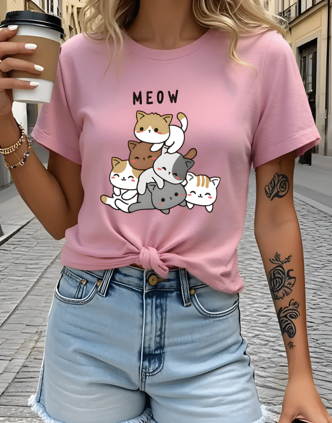 Verspieltes Damen T-Shirt mit Katzen-Stack & "MEOW"-Print – Süß, Bequem & Ideal für den Frühling & Sommer – Bild 2
