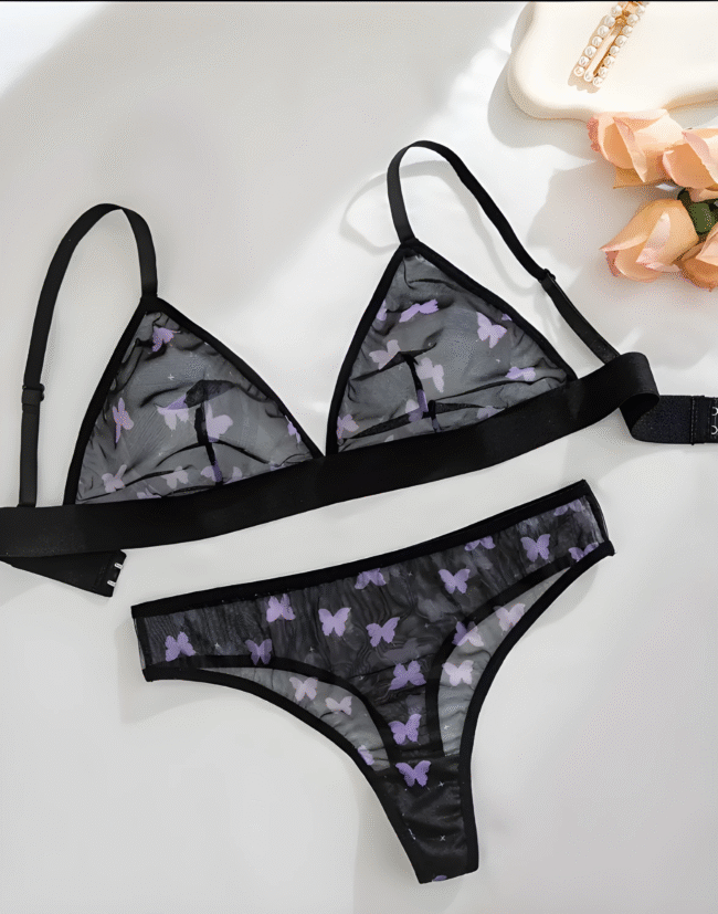 Sexy Durchsichtiger BH für Damen mit Schmetterlingsmuster – Schwarz-Lila, Netzstoff, Ohne Stahlring-Verführerische Lingerie – Bild 5