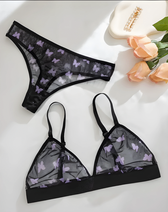 Sexy Durchsichtiger BH für Damen mit Schmetterlingsmuster – Schwarz-Lila, Netzstoff, Ohne Stahlring-Verführerische Lingerie