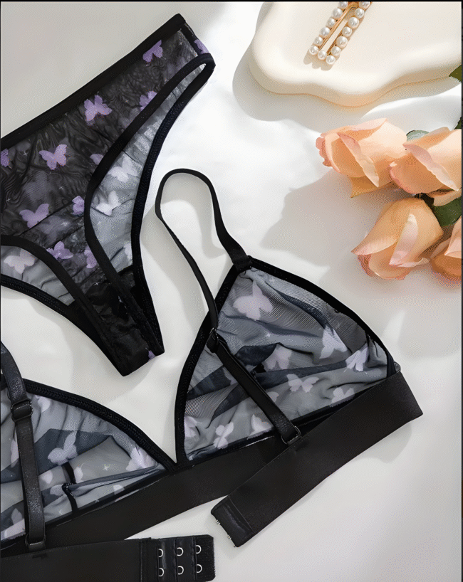 Sexy Durchsichtiger BH für Damen mit Schmetterlingsmuster – Schwarz-Lila, Netzstoff, Ohne Stahlring-Verführerische Lingerie – Bild 2