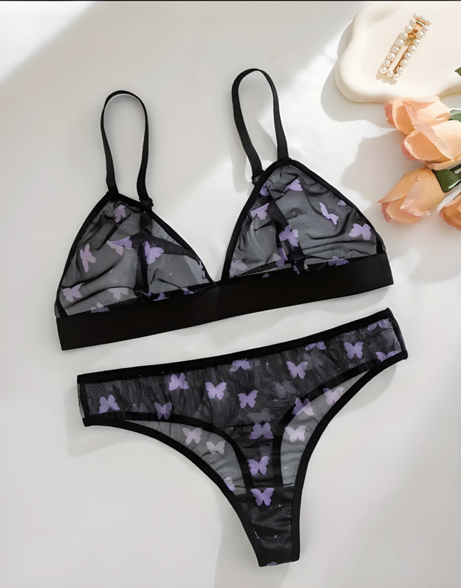 Sexy Durchsichtiger BH für Damen mit Schmetterlingsmuster – Schwarz-Lila, Netzstoff, Ohne Stahlring-Verführerische Lingerie – Bild 3