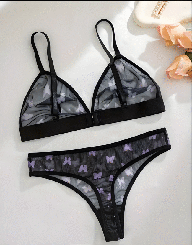 Sexy Durchsichtiger BH für Damen mit Schmetterlingsmuster – Schwarz-Lila, Netzstoff, Ohne Stahlring-Verführerische Lingerie – Bild 4