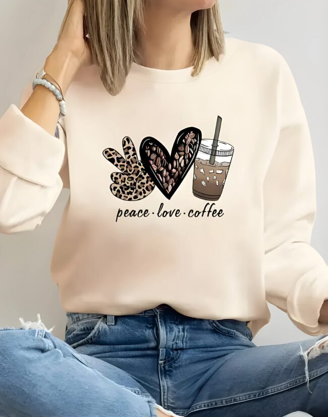 Damen Sweatshirt – Peace Love Coffee Grafik | Leoparden- & Karomuster | Herbst & Winter Casual Pullover – Bild 6