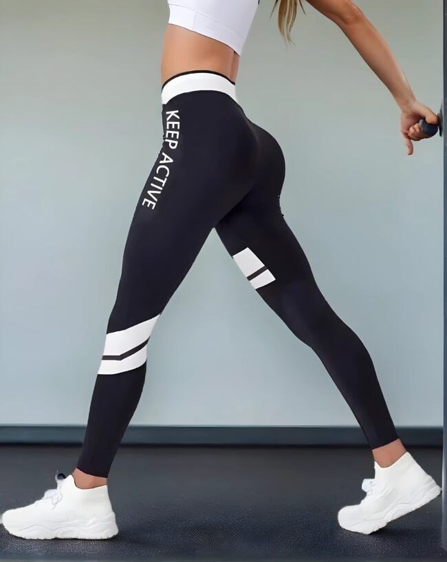 Damen „KEEP ACTIVE“ Schwarze Sport-Leggings – Hohe Dehnbarkeit & Schmale Passform mit Farbblock-Design | Stylische Yoga- & Freizeitleggings – Bild 3