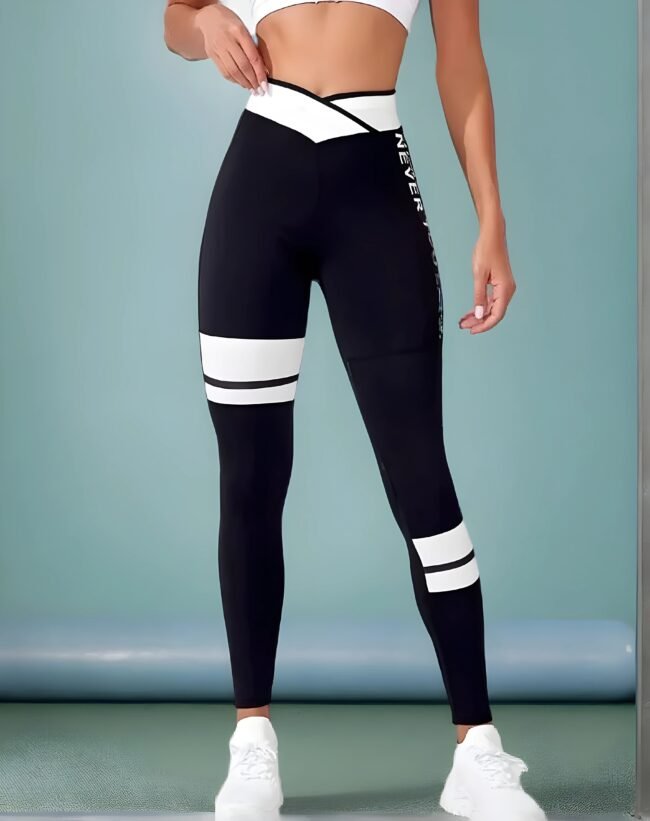 Damen „KEEP ACTIVE“ Schwarze Sport-Leggings – Hohe Dehnbarkeit & Schmale Passform mit Farbblock-Design | Stylische Yoga- & Freizeitleggings – Bild 2