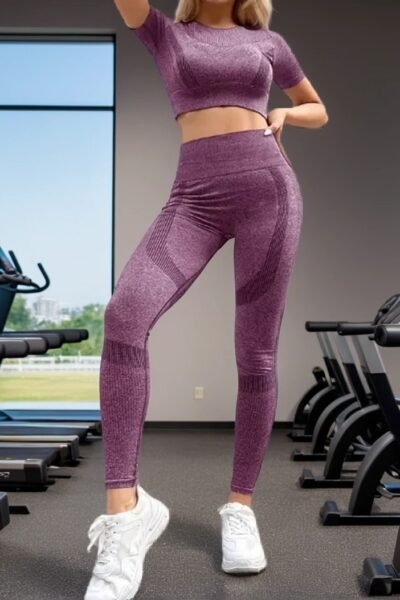 2-teiliges Damen-Sport-Set – Hochtaillierte Kompressionsleggings & Kurzarm-Crop-Top. Elastischer Skinny Fit. Hochdehnbarer Polyamid-Mix. Für Ganzjahres-Workouts