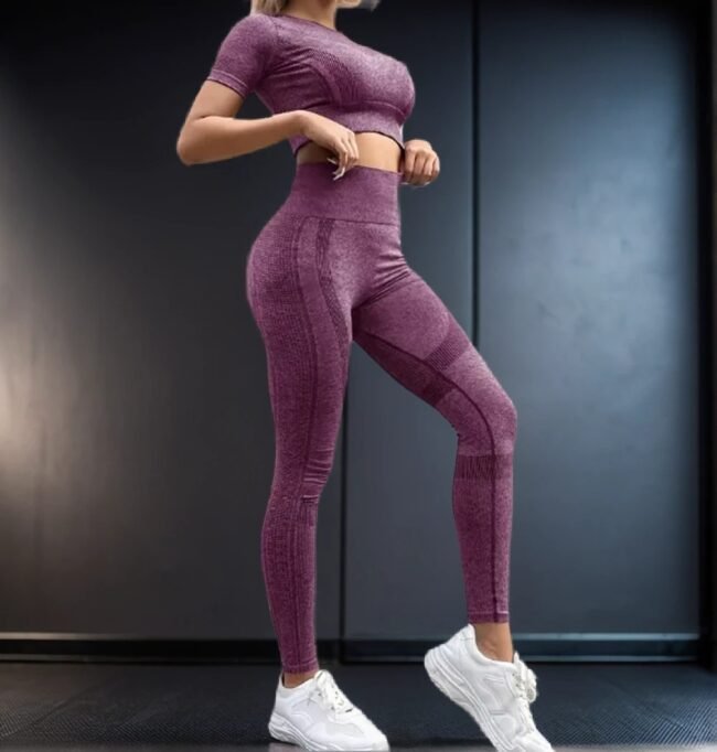 2-teiliges Damen-Sport-Set – Hochtaillierte Kompressionsleggings & Kurzarm-Crop-Top. Elastischer Skinny Fit. Hochdehnbarer Polyamid-Mix. Für Ganzjahres-Workouts – Bild 3