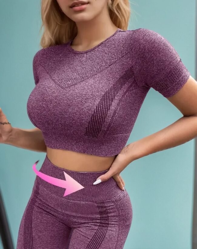 2-teiliges Damen-Sport-Set – Hochtaillierte Kompressionsleggings & Kurzarm-Crop-Top. Elastischer Skinny Fit. Hochdehnbarer Polyamid-Mix. Für Ganzjahres-Workouts – Bild 9