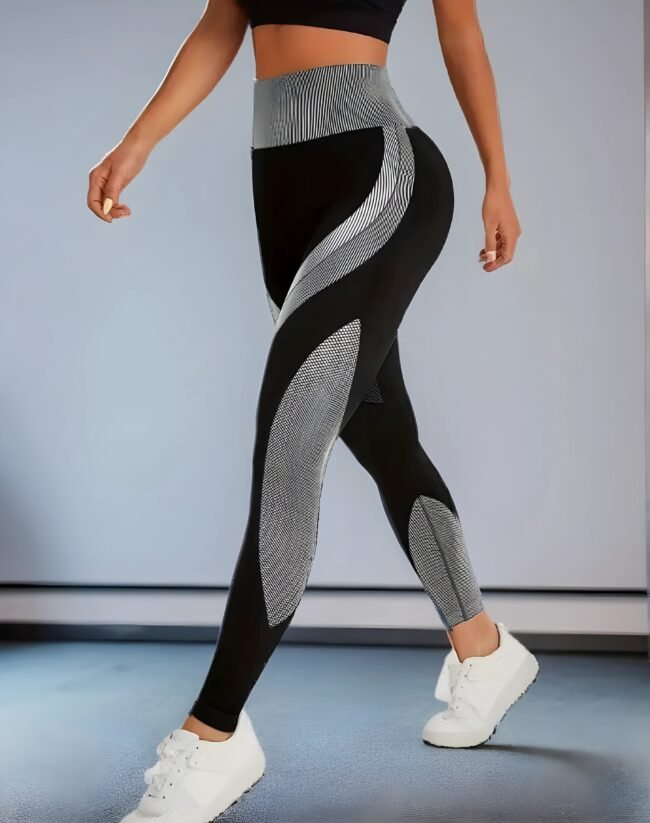 Nahtlose Damen Yoga-Hose – Hochtailliert mit geometrischem Muster und Seitenstreifen – Bild 2