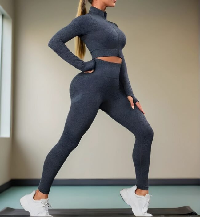 Nahtloses Yoga-Set mit Reißverschluss & Daumenloch – Zweiteiliges Damen-Sport set in Lila. Atmungsaktiv, Dehnbar, Figur formend – Bild 4