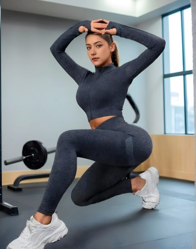 Nahtloses Yoga-Set mit Reißverschluss & Daumenloch – Zweiteiliges Damen-Sport set in Lila. Atmungsaktiv, Dehnbar, Figur formend – Bild 2