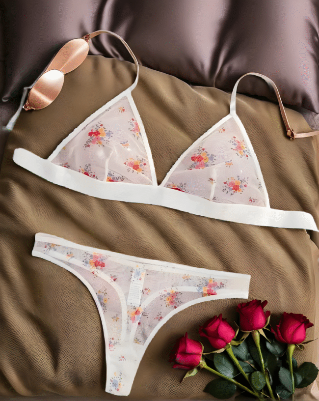 2er-Set Damen-Dessous – Dreiecks-BH aus Mesh mit Print Blumen  - Verführerische Unterwäsche mit sexy Look – Bild 5