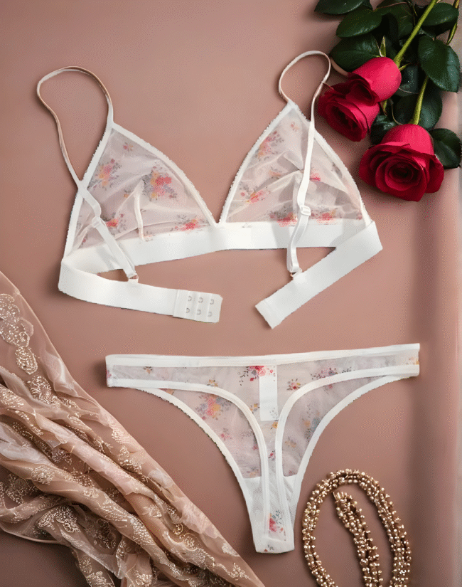 2er-Set Damen-Dessous – Dreiecks-BH aus Mesh mit Print Blumen  - Verführerische Unterwäsche mit sexy Look – Bild 4