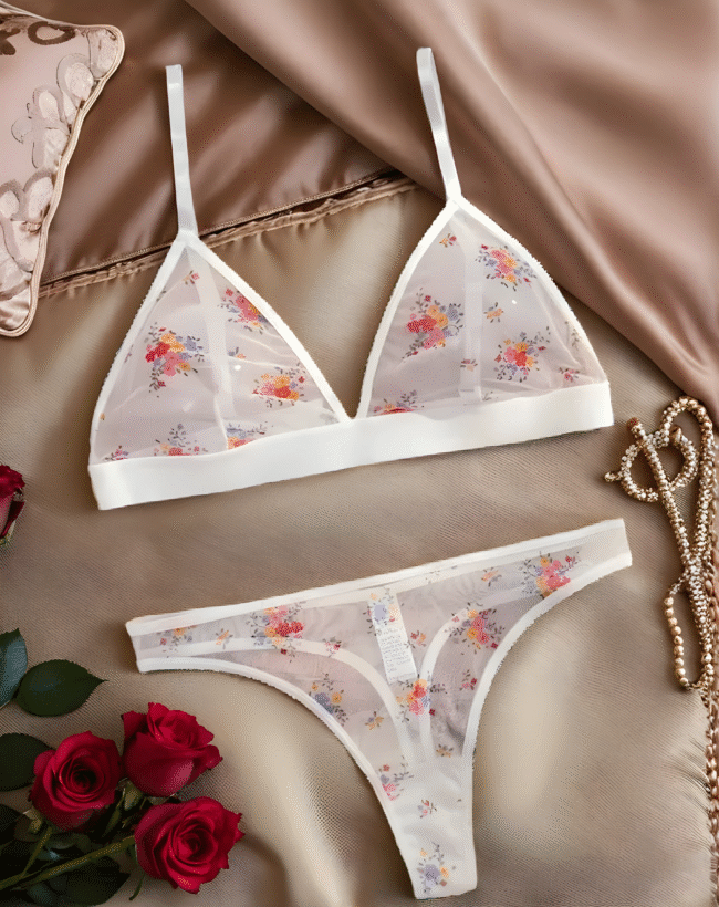 2er-Set Damen-Dessous – Dreiecks-BH aus Mesh mit Print Blumen  - Verführerische Unterwäsche mit sexy Look – Bild 3