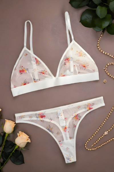 2er-Set Damen-Dessous – Dreiecks-BH aus Mesh mit Print Blumen  - Verführerische Unterwäsche mit sexy Look
