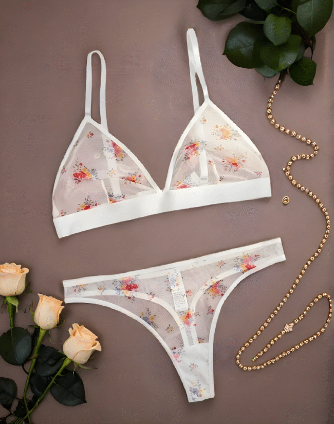2er-Set Damen-Dessous – Dreiecks-BH aus Mesh mit Print Blumen  - Verführerische Unterwäsche mit sexy Look