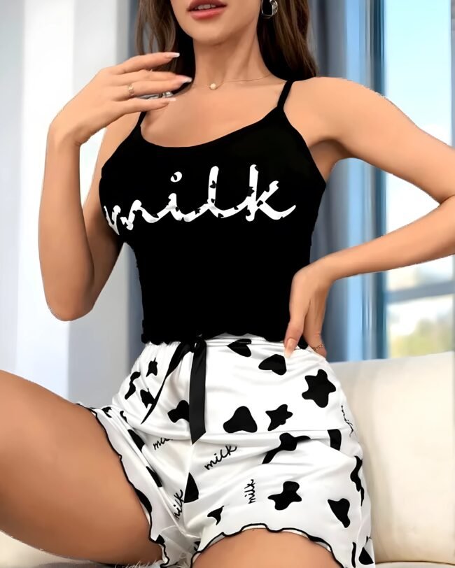 Zweiteiliges Damen-Pyjama-Set – Ärmelloses Top & Shorts mit stylischem Buchstaben-Print – Bild 3